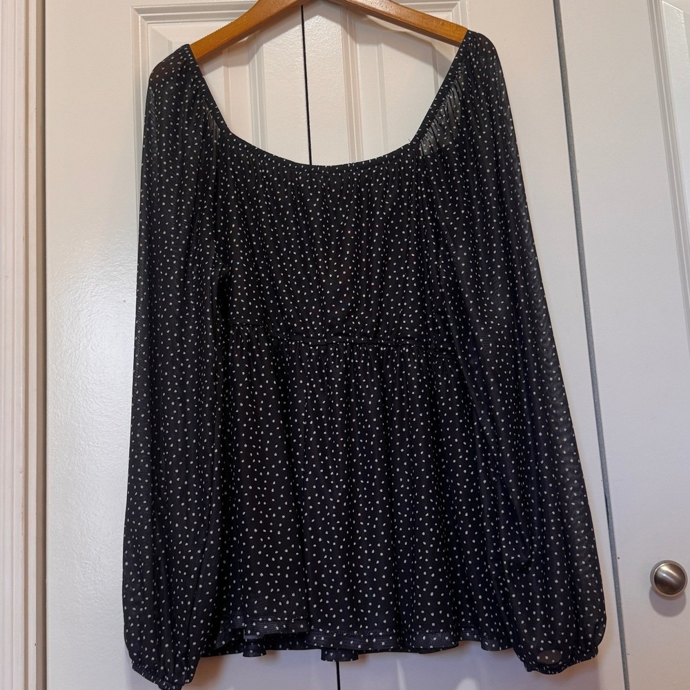 Black Polka Dot Smocked Mesh Top Square Neck Balloon Sleeve Plus Size 2X